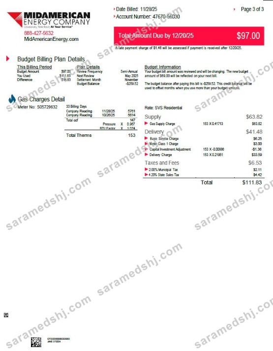 USA MidAmerican Energy Company utility bill template in Word and PDF formats, 3 pages, 3rd page
